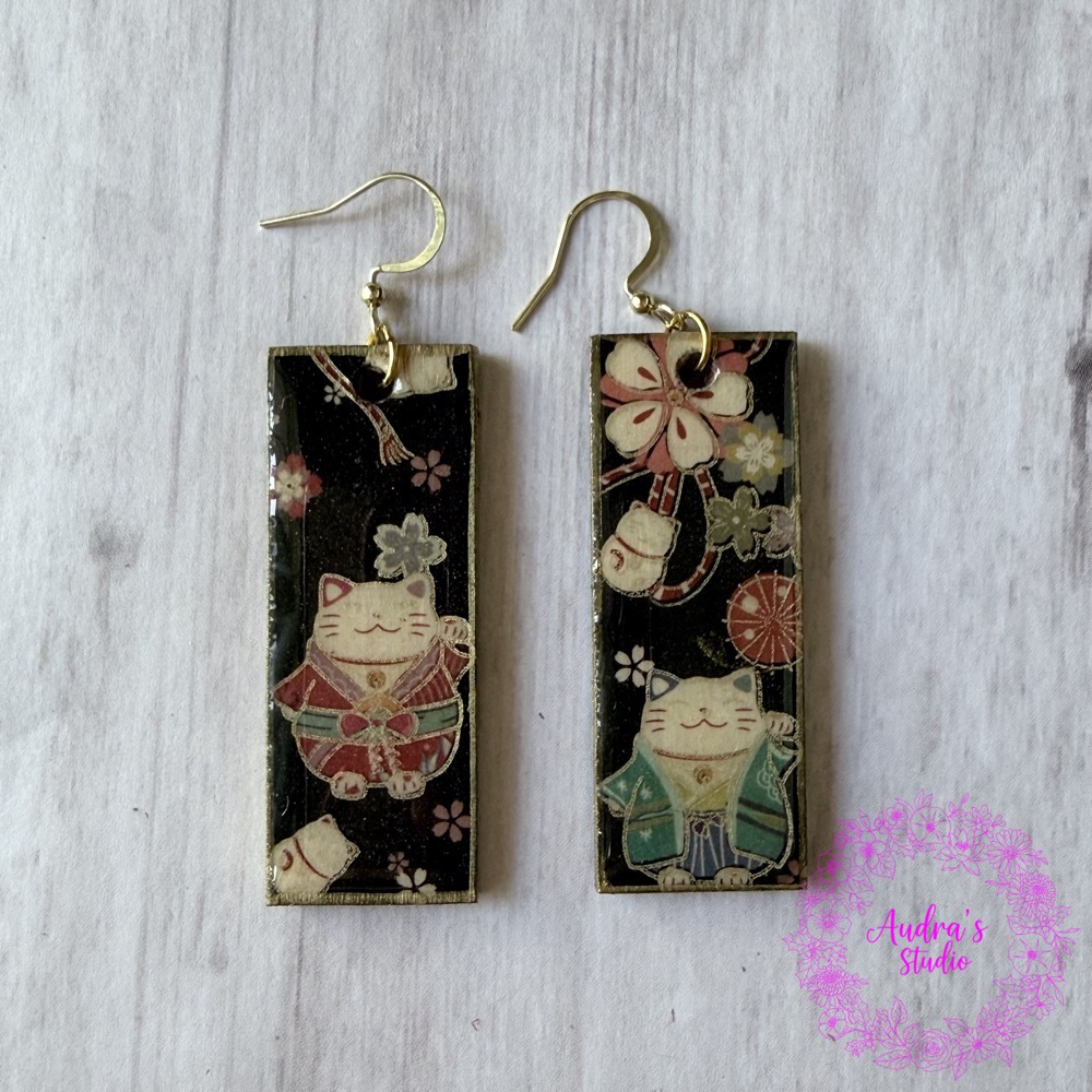 Maneki Neko Lucky Cat Washi Tape Earrings
