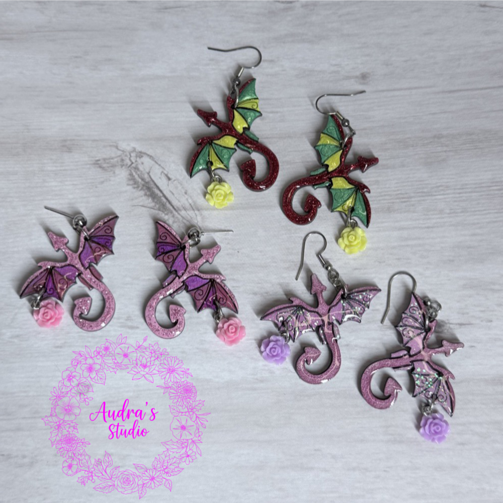 Dragon Earrings with Flower Charms
