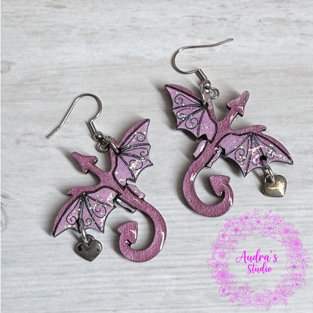 Dragon Earrings with Heart Charms