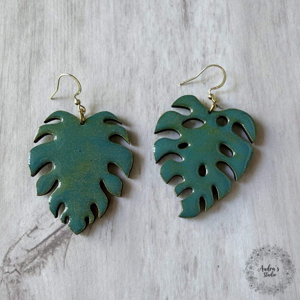 Hand-Painted Monstera Leaf Earrings