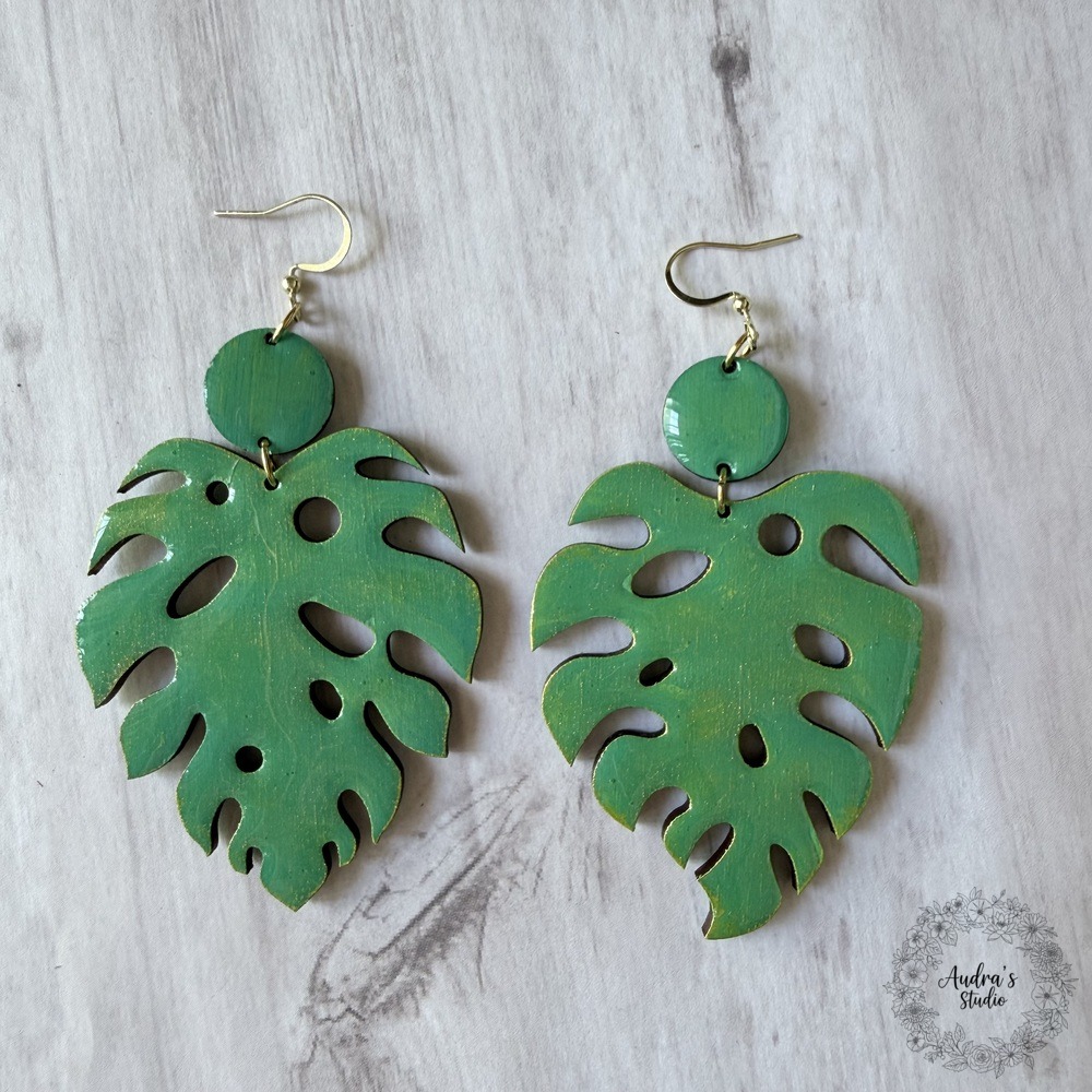 Large Hand-Painted Monstera Leaf Earrings