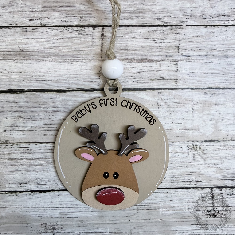 Hand-painted Baby's First Christmas reindeer ornament, smaller face, jute hanger with a white wood bead