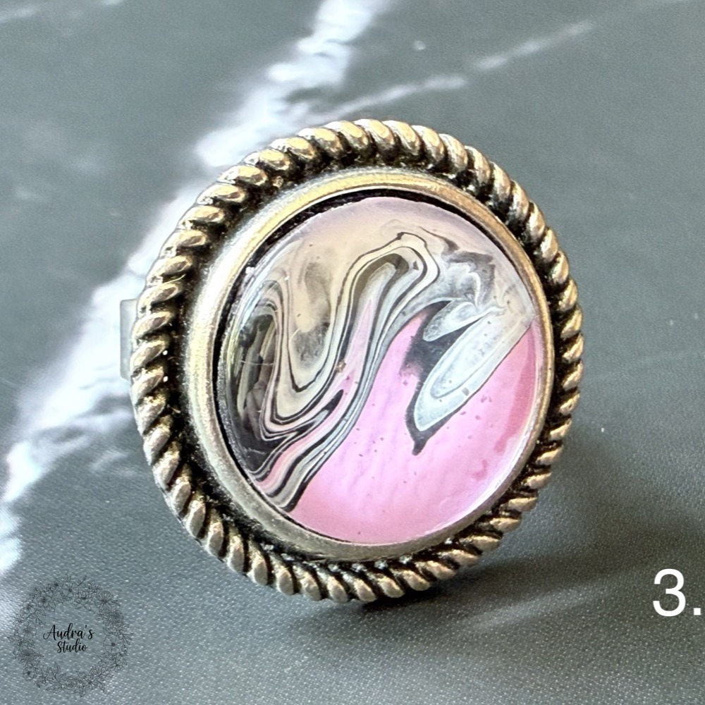 Hand-poured acrylic fluid art ring number 3 in an antique silver adjustable rope-edge setting