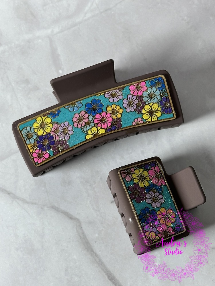Garden Party Floral hand-painted laser-cut wood hair clip set, large and small claw clips
