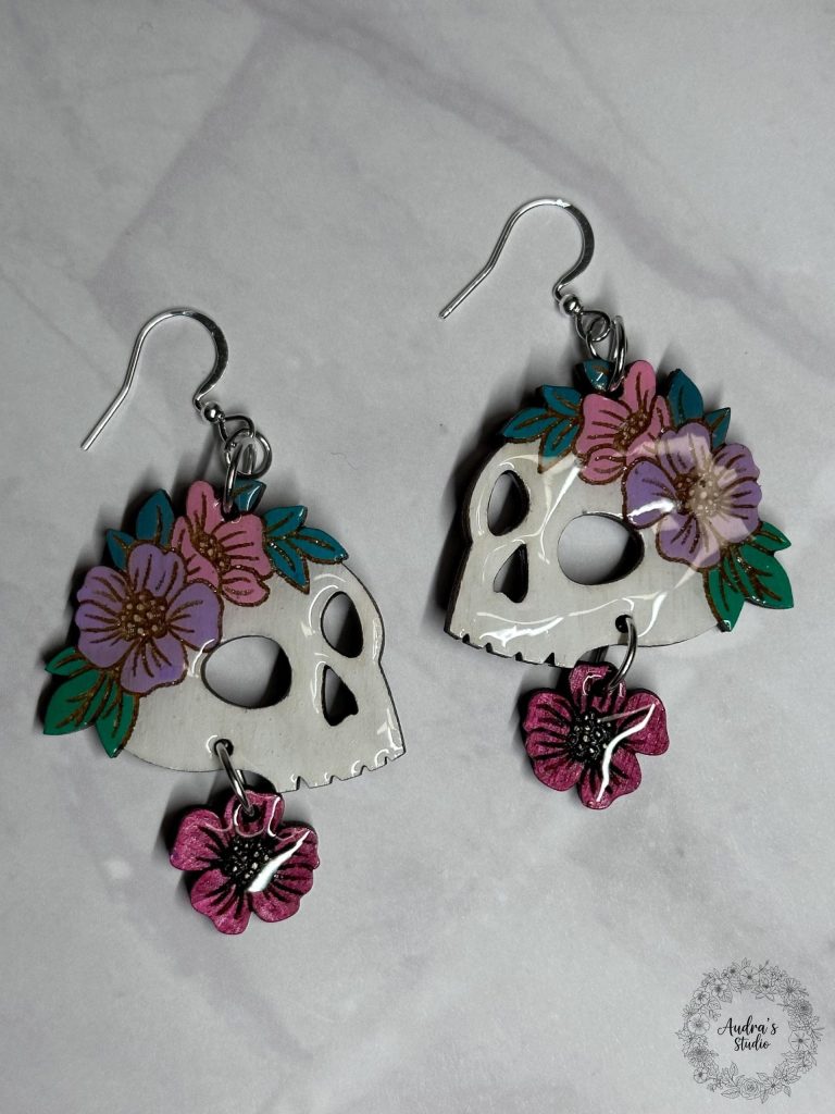 Gothic Floral Skull Earrings