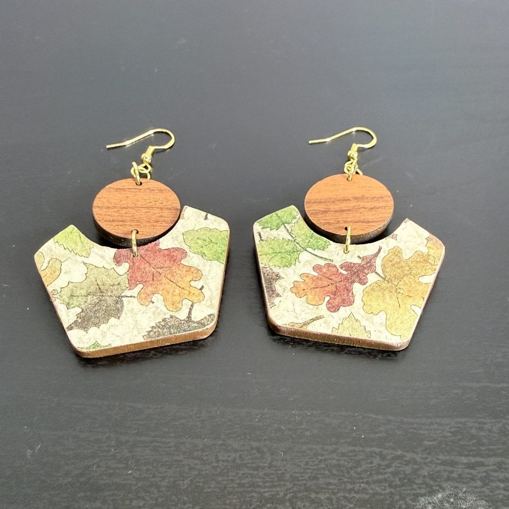 Autumn vine shield earrings in laser-cut wood with sage and rust leaf paper