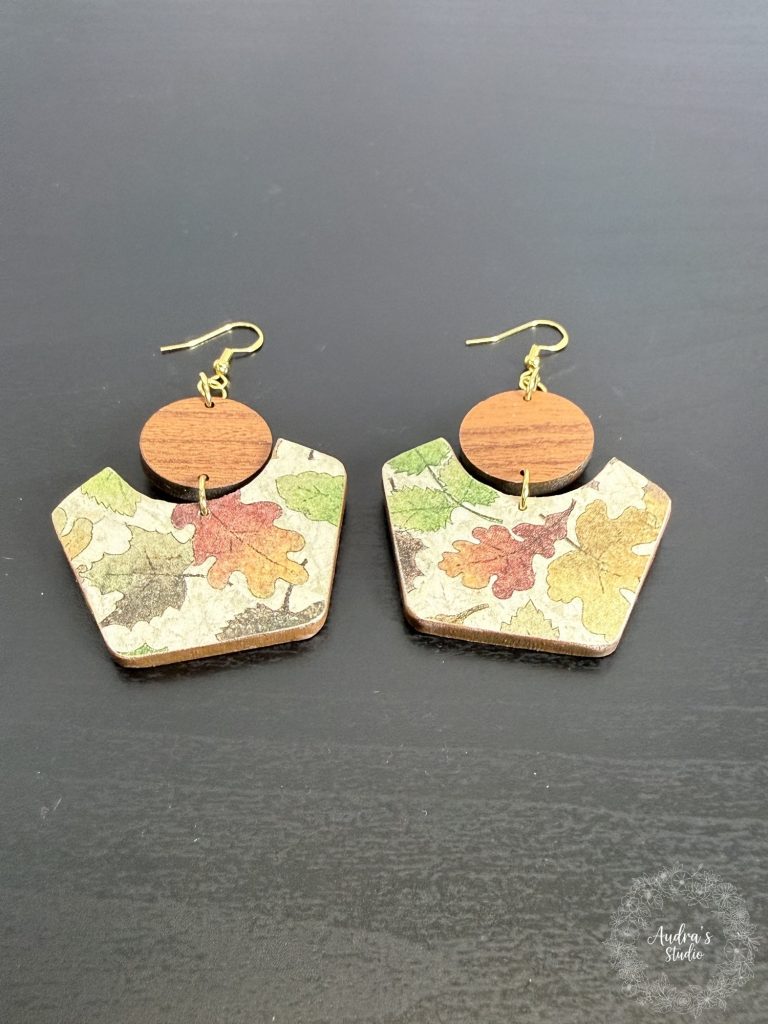 Autumn vine shield earrings in laser-cut wood with sage and rust leaf paper