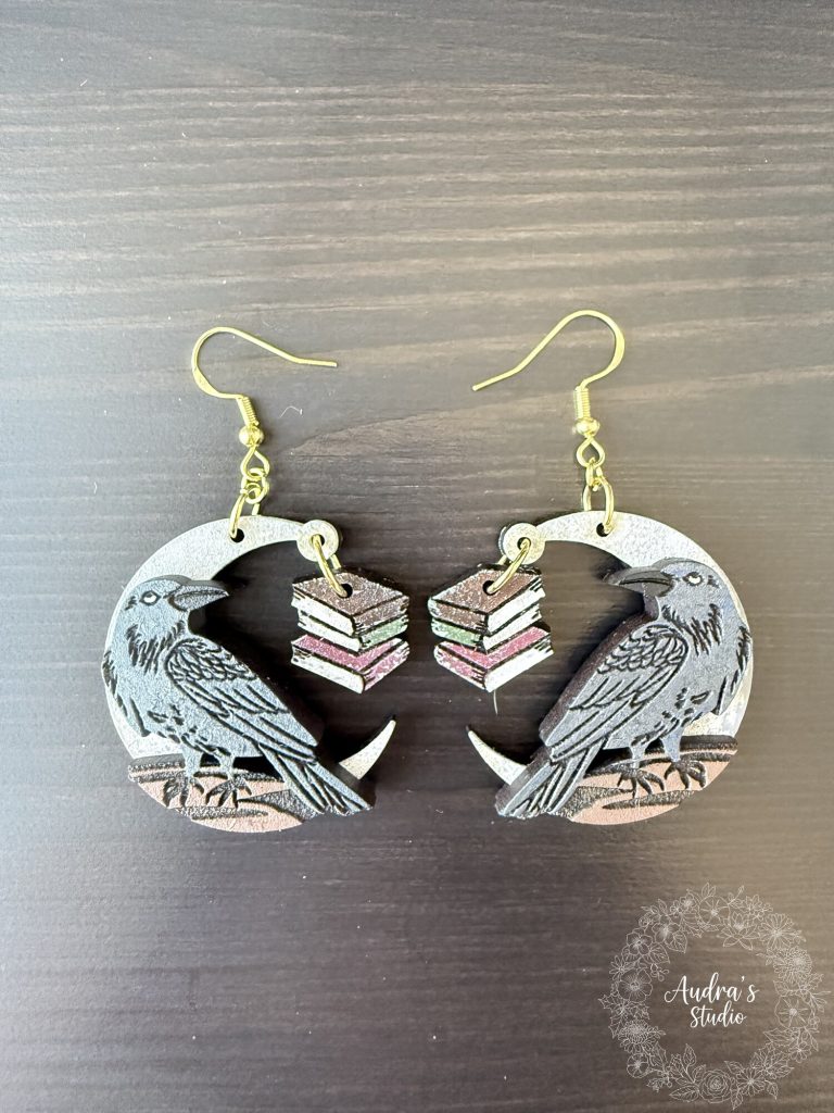 Raven and Book Stack Dangle Earrings