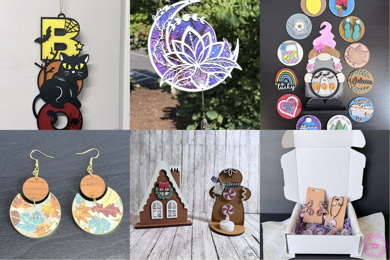 Laser-cut and hand-painted pieces from Audra Studio